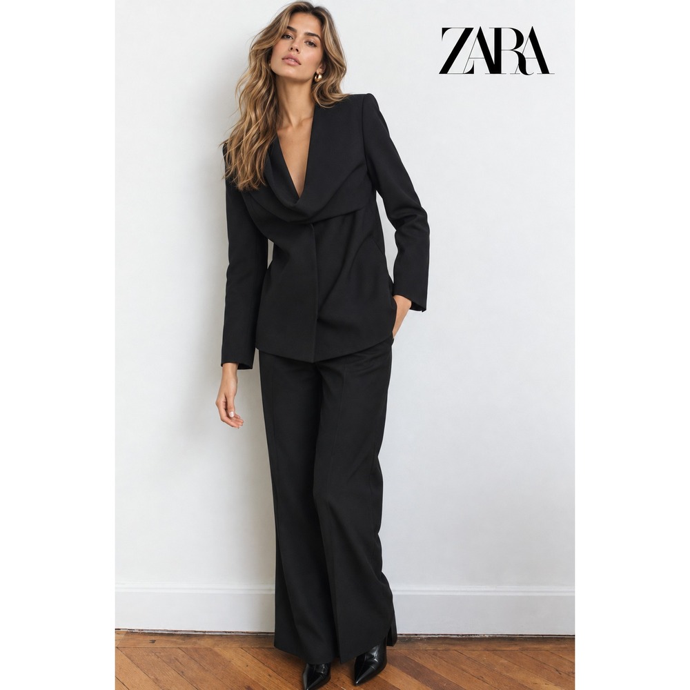 ZARA Women's New Blazer Draped Scarf LARGE Wool Blend Quiet Luxury 9250/453